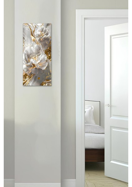Altın Detaylı Beyaz Çiçek Desenli Temperli Cam Dik Tablo – 30X60 cm Hd Uv Baskı - DCT017 fırsatları