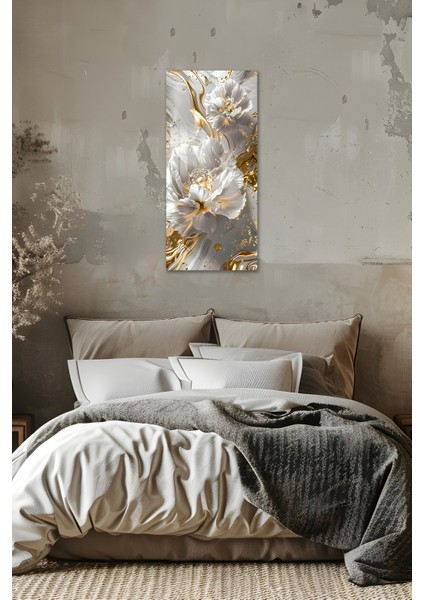 Altın Detaylı Beyaz Çiçek Desenli Temperli Cam Dik Tablo – 30X60 cm Hd Uv Baskı - DCT017 indirimleri