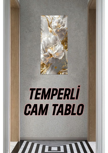 Altın Detaylı Beyaz Çiçek Desenli Temperli Cam Dik Tablo – 30X60 cm Hd Uv Baskı - DCT017