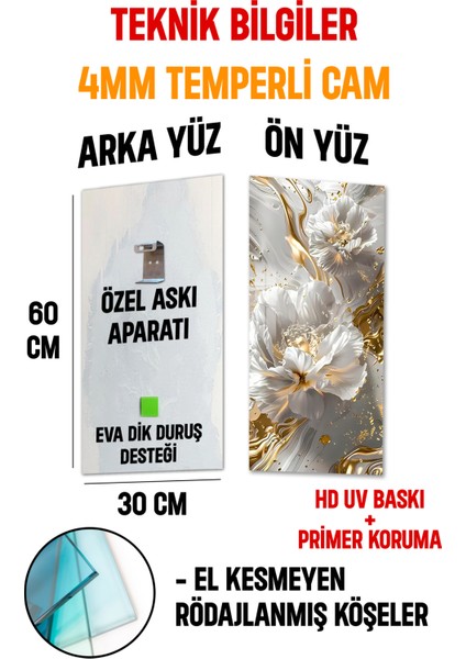 Altın Detaylı Beyaz Çiçek Desenli Temperli Cam Dik Tablo – 30X60 cm Hd Uv Baskı - DCT017