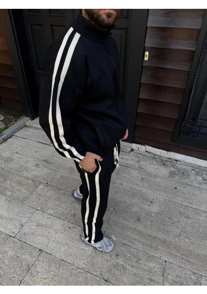 Erkek Çift Şeritli Eşofman Takım Dik Yaka Fermuarlı Sweatshirt Boru Paça Alt, Oversize 3 Iplik Pamuklu - Siyah modelleri