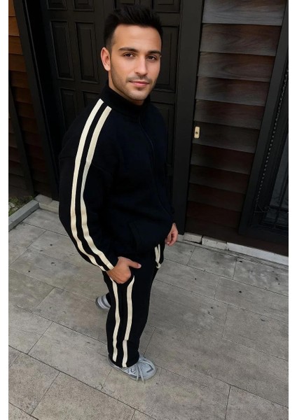 Erkek Çift Şeritli Eşofman Takım Dik Yaka Fermuarlı Sweatshirt Boru Paça Alt, Oversize 3 Iplik Pamuklu - Siyah