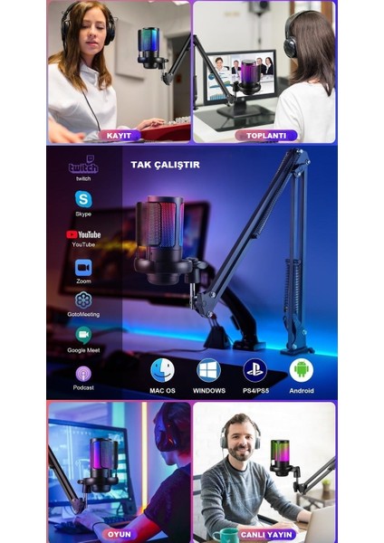 Rgb Işıklı Kondansatör Mikrofon Profesyonel USB Yayın Kayıt Oyun Toplantı Podcast Mikrofonu Ps4/ps5 fiyatları