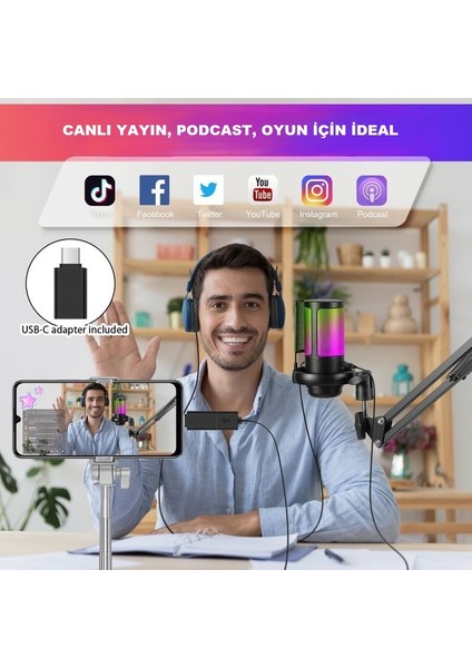 Rgb Işıklı Kondansatör Mikrofon Profesyonel USB Yayın Kayıt Oyun Toplantı Podcast Mikrofonu Ps4/ps5 fırsatları