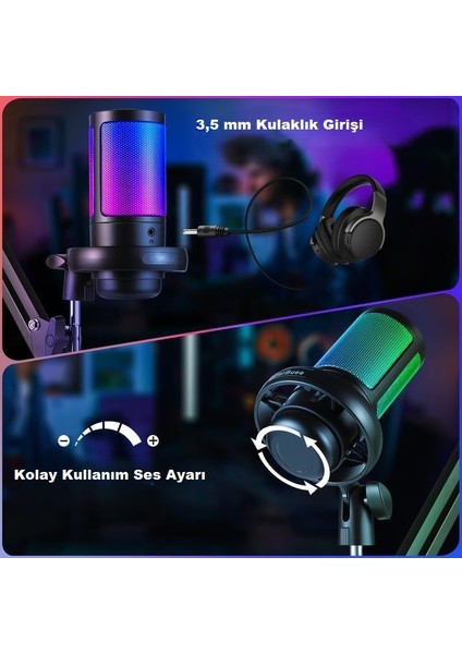 Rgb Işıklı Kondansatör Mikrofon Profesyonel USB Yayın Kayıt Oyun Toplantı Podcast Mikrofonu Ps4/ps5