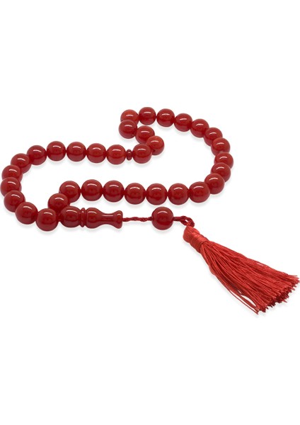 Çubuk Sıkma Kehribar Tesbih - Osmanlı Saray Püsküllü - Kırmızı Renk - Küre Kesim