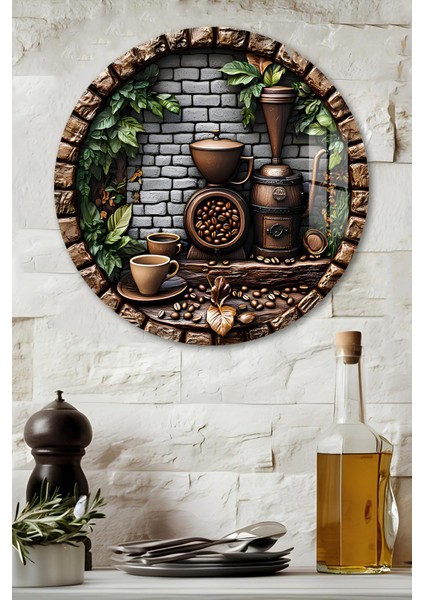 3D Görünümlü Temperli Cam Tablo – Rustik Kahve Köşesi Temalı Duvar Süsü Uv Baskı 33X33 CM-CDS060