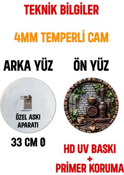 3D Görünümlü Temperli Cam Tablo – Rustik Kahve Köşesi Temalı Duvar Süsü Uv Baskı 33X33 CM-CDS060