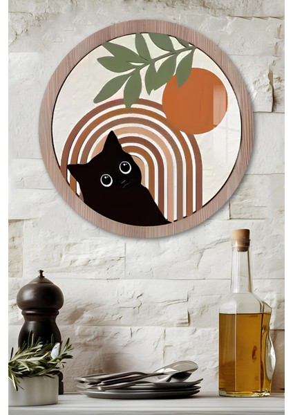 3D Görünümlü Temperli Cam Tablo – Siyah Kedi ve Güneş Desenli Duvar Süsü (33X33 CM)-CDS040