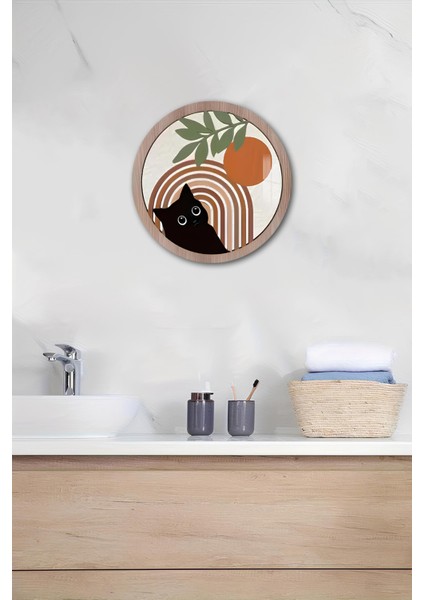 3D Görünümlü Temperli Cam Tablo – Siyah Kedi ve Güneş Desenli Duvar Süsü (33X33 CM)-CDS040