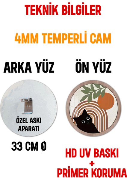 3D Görünümlü Temperli Cam Tablo – Siyah Kedi ve Güneş Desenli Duvar Süsü (33X33 CM)-CDS040
