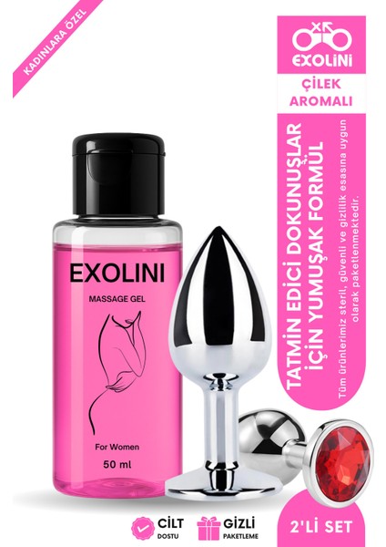 Anal Set: Su Bazlı Çilek Jel 50 ml + Kırmızı Taşlı Metal Plug – Strapon & Prezervatif Uyumlu