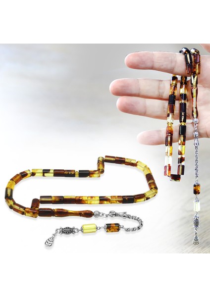 Fosilli Beyrut Kehribar Tesbih - Kararmaz Metal Püsküllü - Sarı Siyah - Kesme Kesim fiyatları