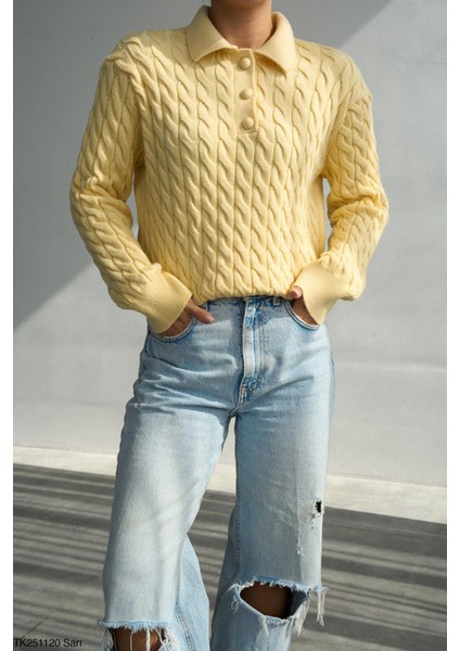 Saç Örgülü Düğmeli Polo Yaka Triko Kazak