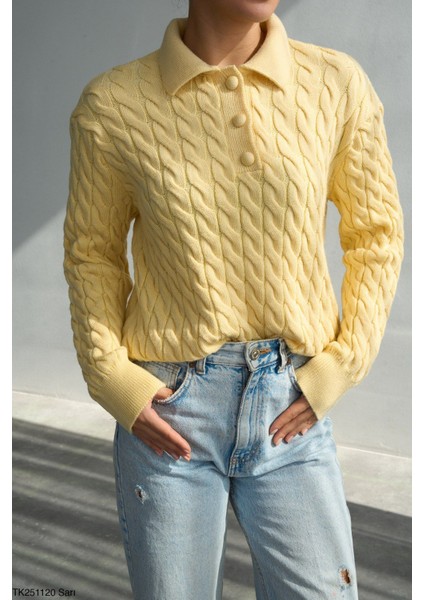 Saç Örgülü Düğmeli Polo Yaka Triko Kazak fiyatları