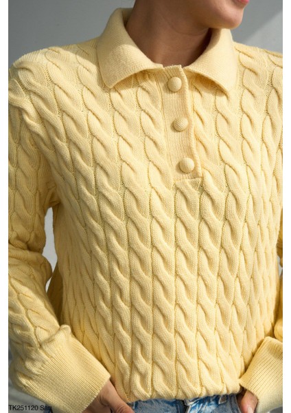 Saç Örgülü Düğmeli Polo Yaka Triko Kazak modelleri