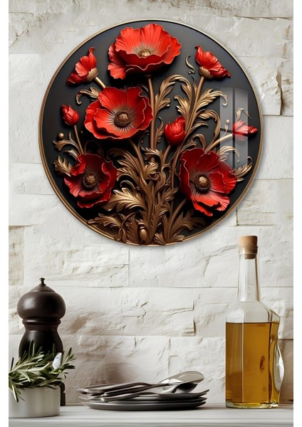 3D Görünümlü Temperli Cam Tablo – Kırmızı Çiçek Desenli Duvar Süsü Uv Baskı 33X33 CM-CDS036