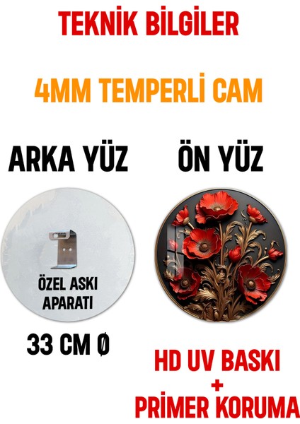 3D Görünümlü Temperli Cam Tablo – Kırmızı Çiçek Desenli Duvar Süsü Uv Baskı 33X33 CM-CDS036