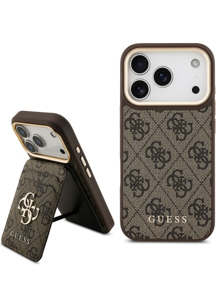 iPhone 17 Pro Uyumlu Kılıf Guess Lisanslı M-Safeli 4g Metal Büyük Logolu Kartlıklı Kapak Kahverengi