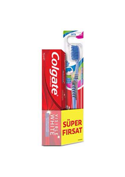 3 Adet Colgate Diş Macunu Visible White 75 ml + Extra Clean Diş Fırçası Seti