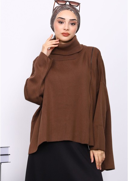 Kahverengi Balıkçı Yaka Fermuarlı Triko Kazak