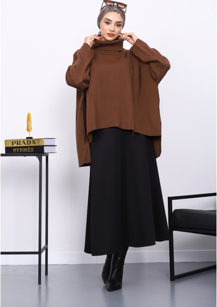 Kahverengi Balıkçı Yaka Fermuarlı Triko Kazak fiyatları