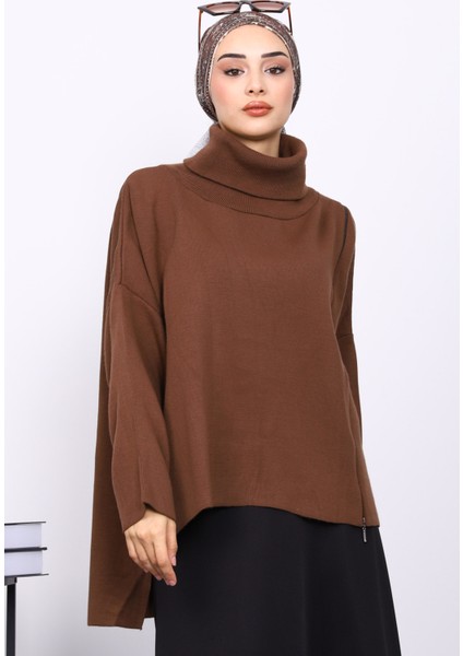 Kahverengi Balıkçı Yaka Fermuarlı Triko Kazak modelleri
