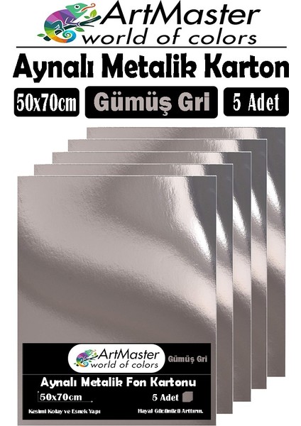 Gümüş Gri Renkli 50X70 Metalik Aynalı Fon Kartonu 5 Adet 1 Paket Artmaster Metalik Aynalı Fon Kartonu