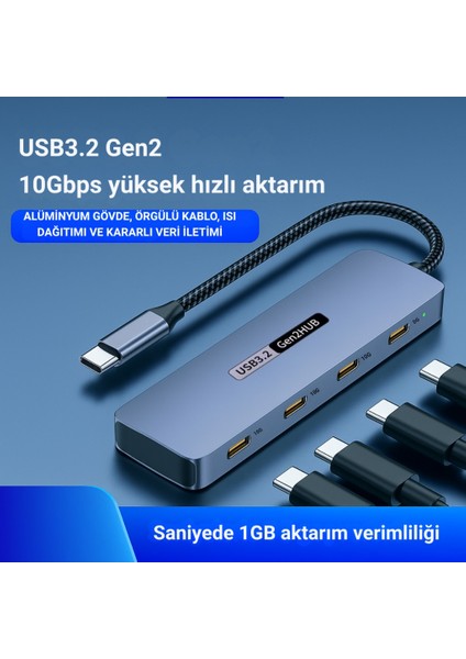 4in1 USB Type-C 4 Portlu USB 3.2 Gen 2 Hub ,10 Gbps Type C Çoğaltıcı, Tüm Sistemler Ile Uyumlu modelleri