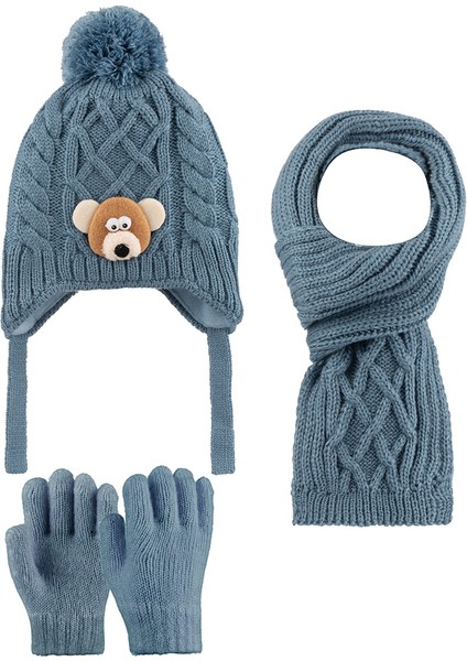 1-4 Yaş Erkek Çocuk 3'lü Takım Atkı, Bere ve Eldiven Set