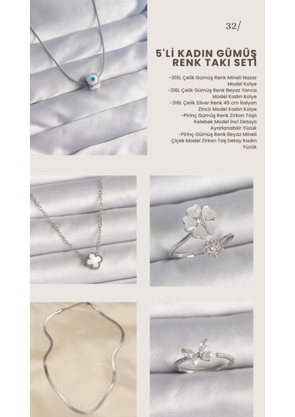 Kadın 5’li Gümüş Renk Takı Seti – Mineli Nazar Kolye, Yonca Kolye, Italyan Zincir Kolye, Kelebek Yüzük ve Çiçek Model Yüzük