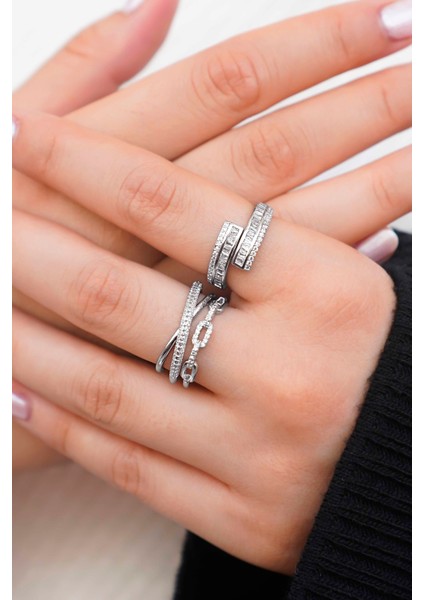 Işıltılı Zarif Taşlı 2'li Vip Kadın Yüzük Seti - Gümüş Renk