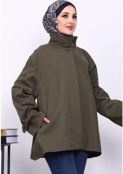 Haki Düğmeli Astarlı Gabardin Ceket