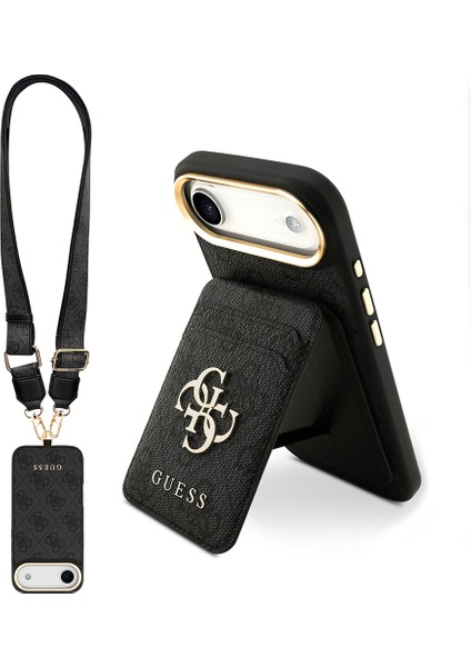 iPhone 17 Air Uyumlu Kılıf Guess Lisanslı M-Safe Özellikli Askılı ve 4g Logo Kartlıklı Kapak Siyah