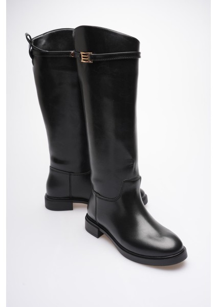 Kadın Deri Çekme Çizme Gold Tokalı Siyah Narella