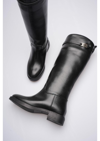 Kadın Deri Çekme Çizme Gold Tokalı Siyah Narella modelleri