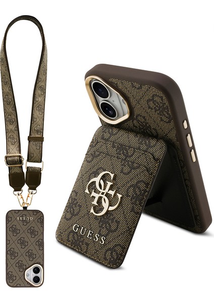 iPhone 17 Uyumlu Kılıf Guess Lisanslı M-Safe Özellikli Askılı ve 4g Logo Kartlıklı Kapak Kahverengi
