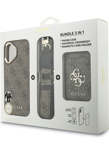 iPhone 17 Uyumlu Kılıf Guess Lisanslı M-Safe Özellikli Askılı ve 4g Logo Kartlıklı Kapak Kahverengi
