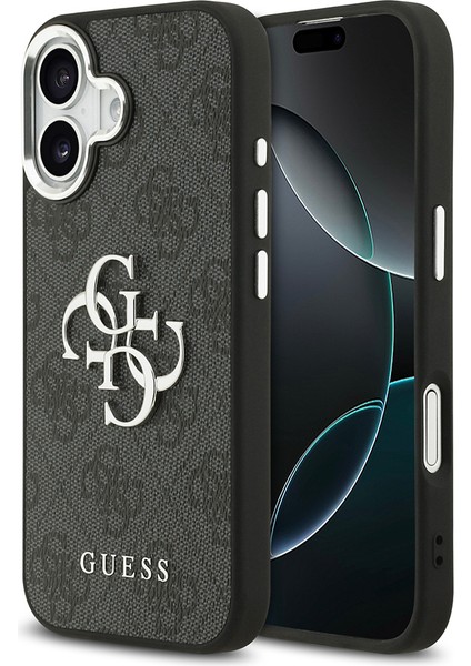 iPhone 17 Kılıf Guess Lisanslı Gümüş Kamera Çerçeveli 4g Desenli Büyük 4g ve Yazı Logolu Kapak Siyah