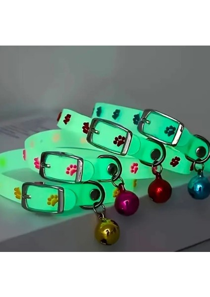 Fosforlu Çıngıraklı Ayarlanabilir Pembe Patili Desenli Kedi Tasması