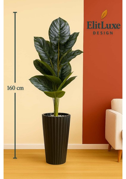 Elitluxe 160 cm 24 Yaprak Yapay Salon Bitkisi – Büyük Dekoratif Yapay Ağaç – Yoğun Yapraklı – Siyah Uzun Premium Saksı