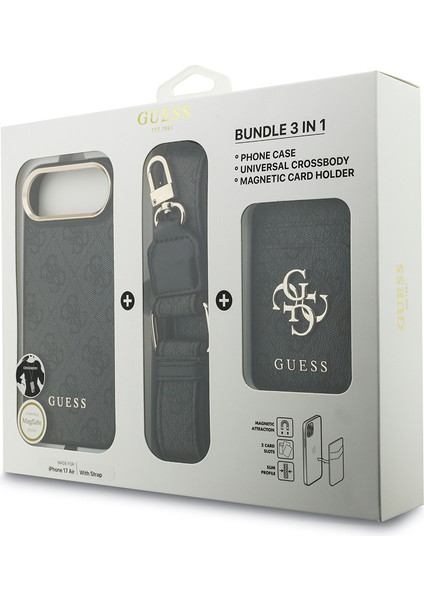 iPhone 17 Air Uyumlu Kılıf Guess Lisanslı M-Safe Özellikli Askılı ve 4g Logo Kartlıklı Kapak Siyah