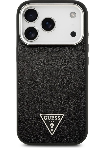iPhone 17 Pro Uyumlu Kılıf Guess Lisanslı M-Safeli Metal Kamera Çerçeveli Üçgen Logolu Glitter Siyah modelleri