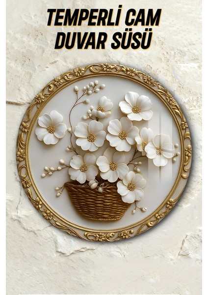 3D Görünümlü Temperli Cam Tablo – Altın Çerçeveli Beyaz Çiçekler Duvar Süsü Uv Baskı 33X33 CM-CDS116 fiyatları