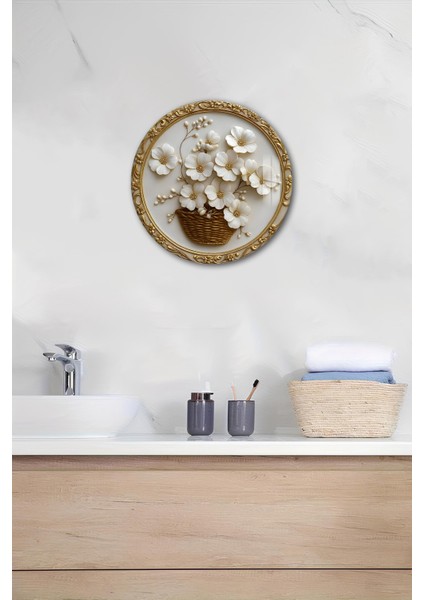 3D Görünümlü Temperli Cam Tablo – Altın Çerçeveli Beyaz Çiçekler Duvar Süsü Uv Baskı 33X33 CM-CDS116