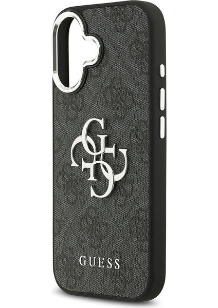 iPhone 17 Kılıf Guess Lisanslı Gümüş Kamera Çerçeveli 4g Desenli Büyük 4g ve Yazı Logolu Kapak Siyah