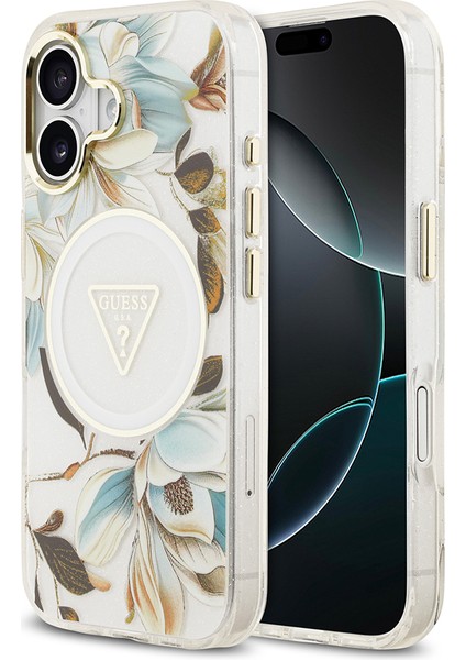 iPhone 17 Kılıf Guess Lisanslı M-Safeli Simli Çiçek Desen Metal Kamera Çerçeveli Üçgen Logolu Beyaz