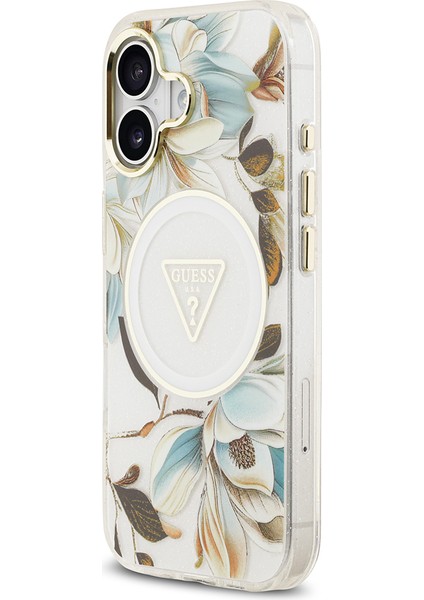 iPhone 17 Kılıf Guess Lisanslı M-Safeli Simli Çiçek Desen Metal Kamera Çerçeveli Üçgen Logolu Beyaz fiyatları