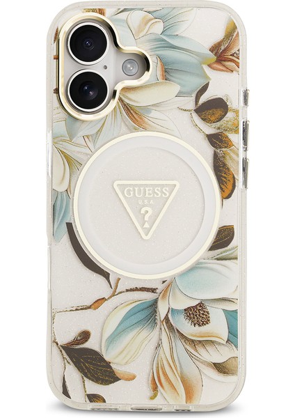 iPhone 17 Kılıf Guess Lisanslı M-Safeli Simli Çiçek Desen Metal Kamera Çerçeveli Üçgen Logolu Beyaz modelleri