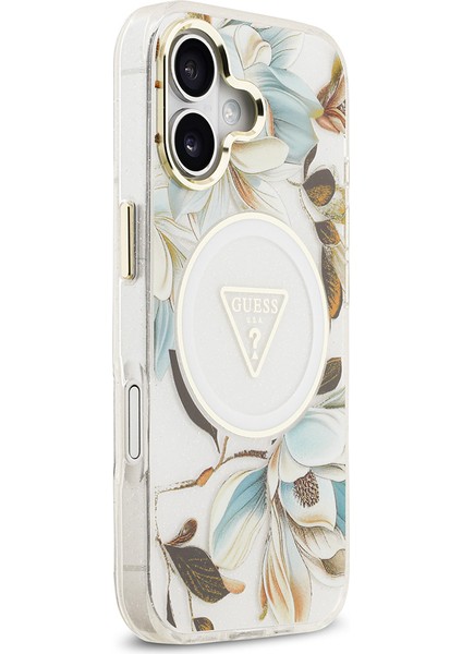iPhone 17 Kılıf Guess Lisanslı M-Safeli Simli Çiçek Desen Metal Kamera Çerçeveli Üçgen Logolu Beyaz fırsatları